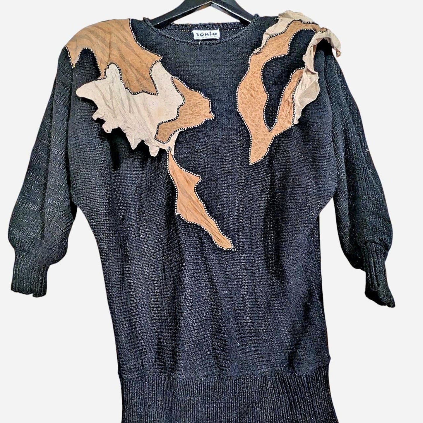 Raging 80s Black Camel Suede Rhinestone Embellishments Knitted Sweater