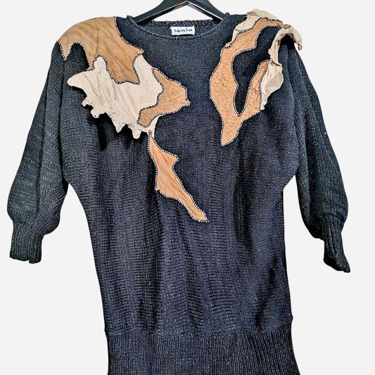 Raging 80s Black Camel Suede Rhinestone Embellishments Knitted Sweater