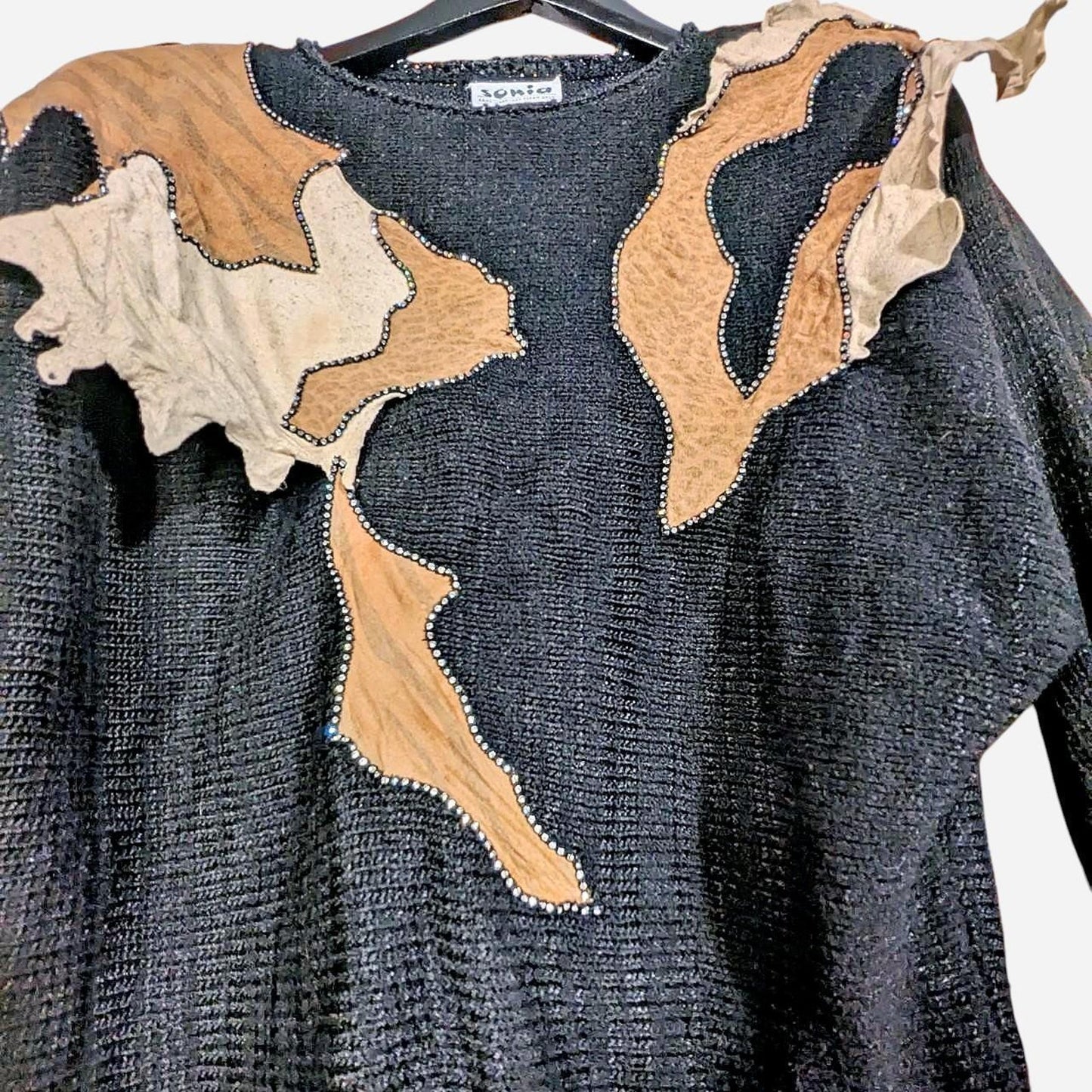 Raging 80s Black Camel Suede Rhinestone Embellishments Knitted Sweater