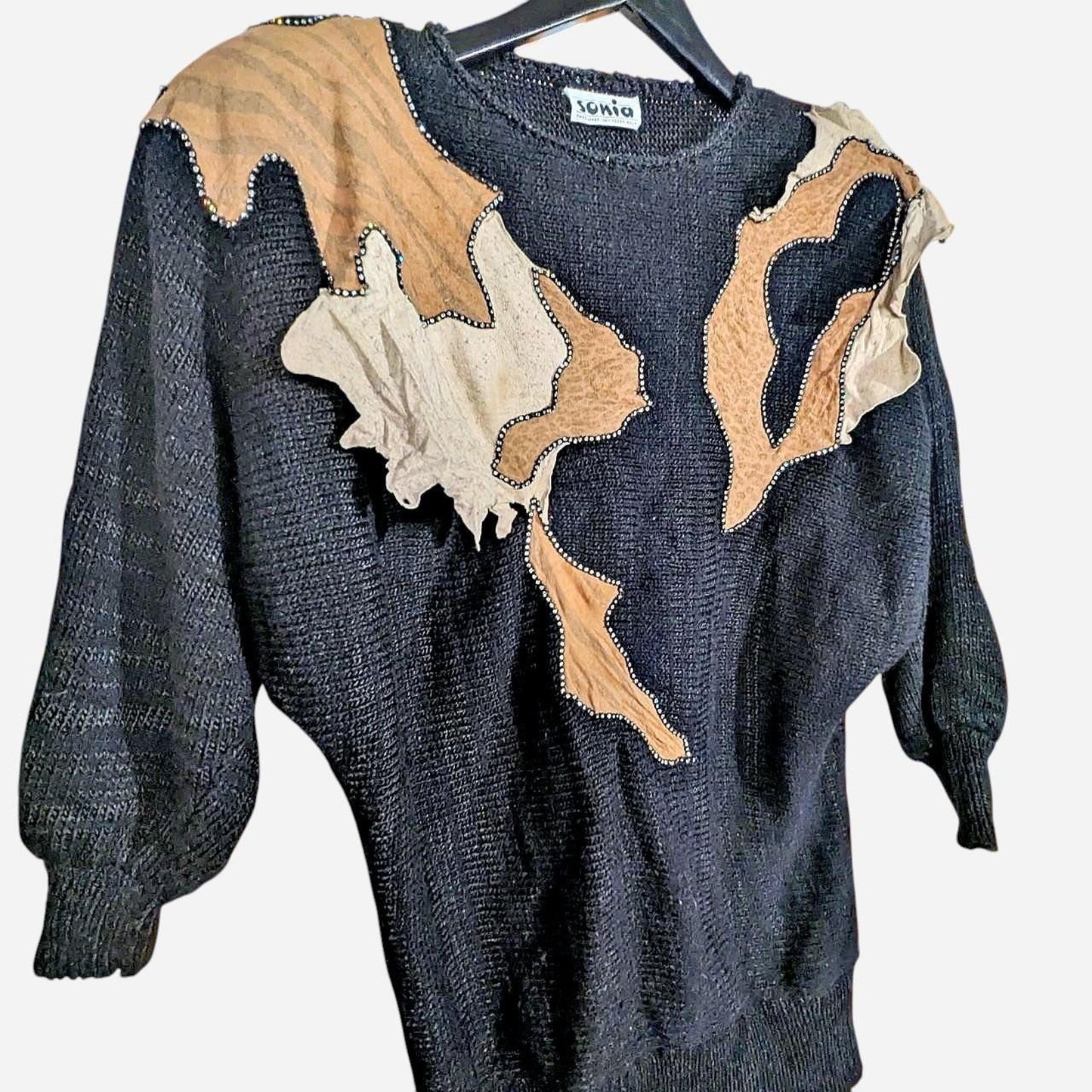 Raging 80s Black Camel Suede Rhinestone Embellishments Knitted Sweater