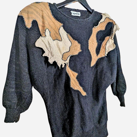 Raging 80s Black Camel Suede Rhinestone Embellishments Knitted Sweater