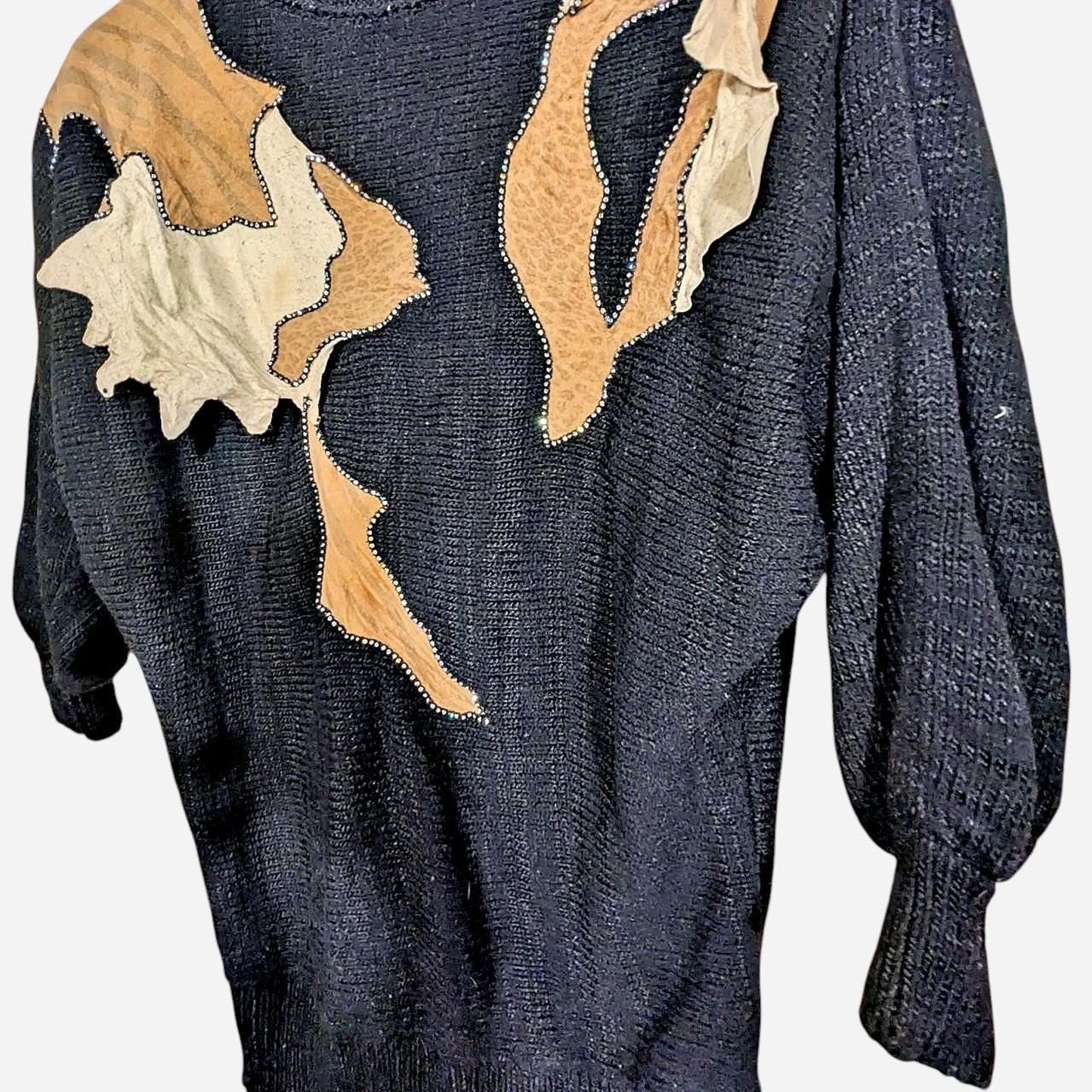 Raging 80s Black Camel Suede Rhinestone Embellishments Knitted Sweater